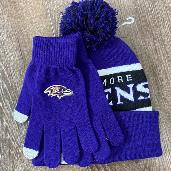 Baltimore Ravens New Knit Pom Beanie With Matching Gloves NFL 100% AUTHENTIC NWO - Picture 1 of 5